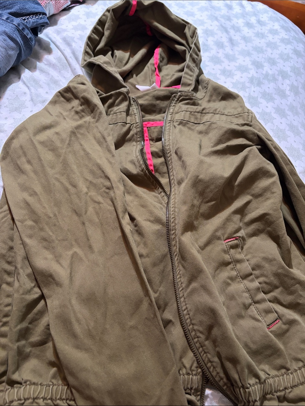 Cat & Jack Olive Hooded Bomber Jacket with Pink Accents